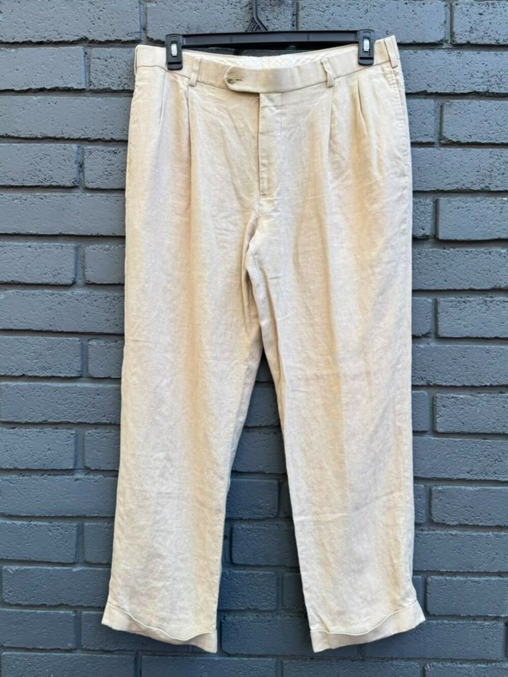 Brooks Brothers 1818 100% Linen Dress Pants Men 36x30 Tan Madison Pleated Cuffed